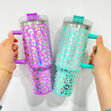 20 pack  40oz Laser engraving holographic leopard print stainless steel tumbler with handle and straw-Gabby