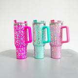 20 pack  40oz Laser engraving holographic leopard print stainless steel tumbler with handle and straw-Gabby