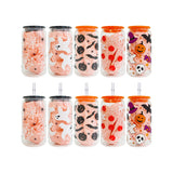 USAa warehouse 50 pack 16oz Halloween designs  3D touch UV printing beer glass can with plastic lid and clear PP straw-Gabby