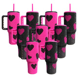 RTS USA warehouse 20 pack Hot pink black 40oz sweet heart print diamond bling rhinestone tumblers with lids and straws_Gabby