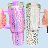 20 pack  40oz Laser engraving holographic leopard print stainless steel tumbler with handle and straw-Gabby