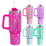 20 pack  40oz Laser engraving holographic leopard print stainless steel tumbler with handle and straw-Gabby