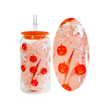 USAa warehouse 50 pack 16oz Halloween designs  3D touch UV printing beer glass can with plastic lid and clear PP straw-Gabby