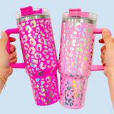 20 pack  40oz Laser engraving holographic leopard print stainless steel tumbler with handle and straw-Gabby