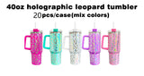 20 pack  40oz Laser engraving holographic leopard print stainless steel tumbler with handle and straw-Gabby