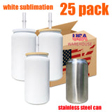 RTS USA warehouse 25 pack white sublimation 16oz Stainless Steel Can with 2 lids -Gabby