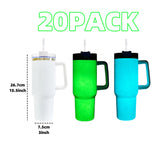 USA warehouse 20 pack 40oz white blank sublimation glow in the dark 40oz tumbler travel coffee mugs with lid and straw